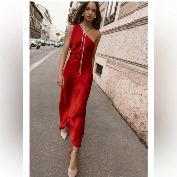 ZARA ASYMMETRIC SATIN EFFECT MIDI DRESS RED XS - Picture 4 of 16